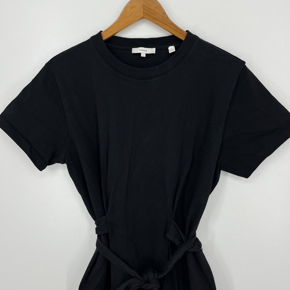 Vince Short Sleeve Tie-Waist T-Shirt Dress Women's Size L Black Crew Neck Cotton - Picture 2 of 9